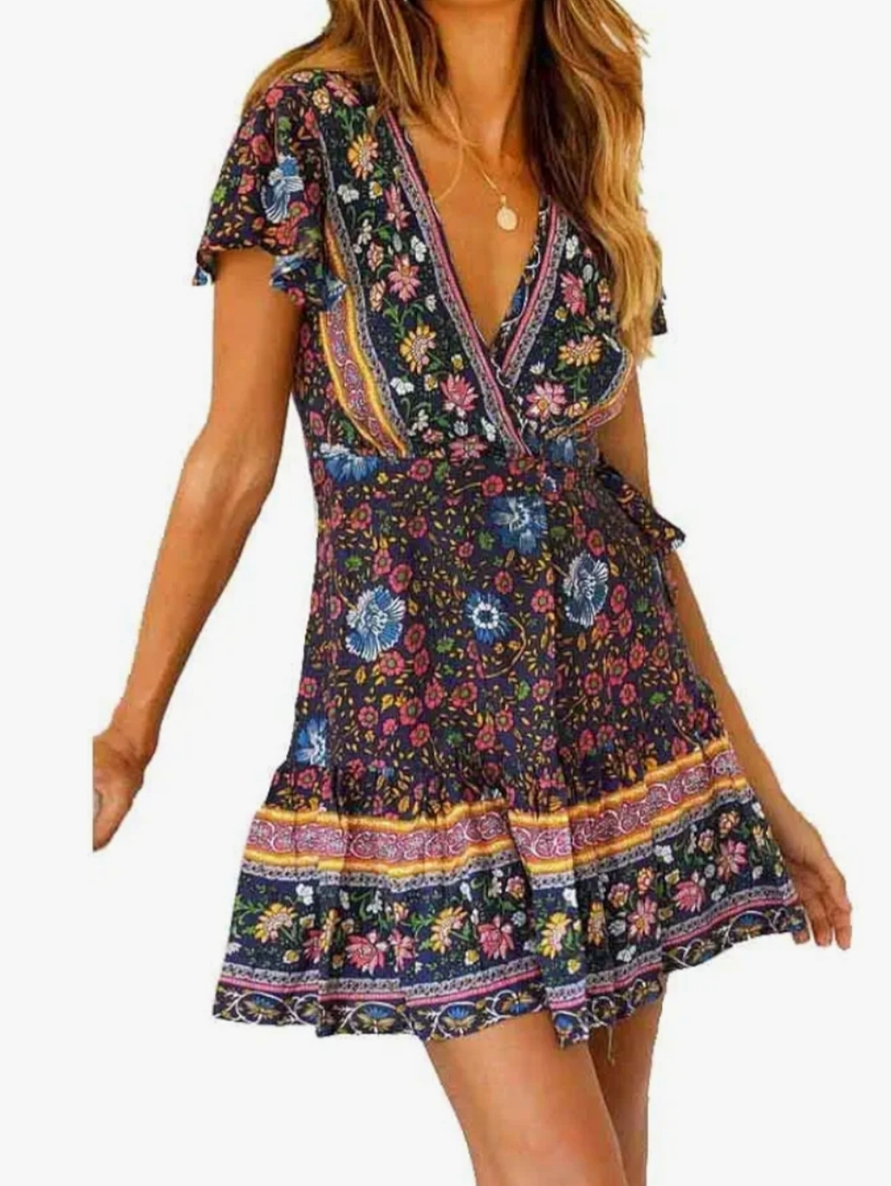 Floral Boho Wrap Mini Dress - Navy Blue Multi